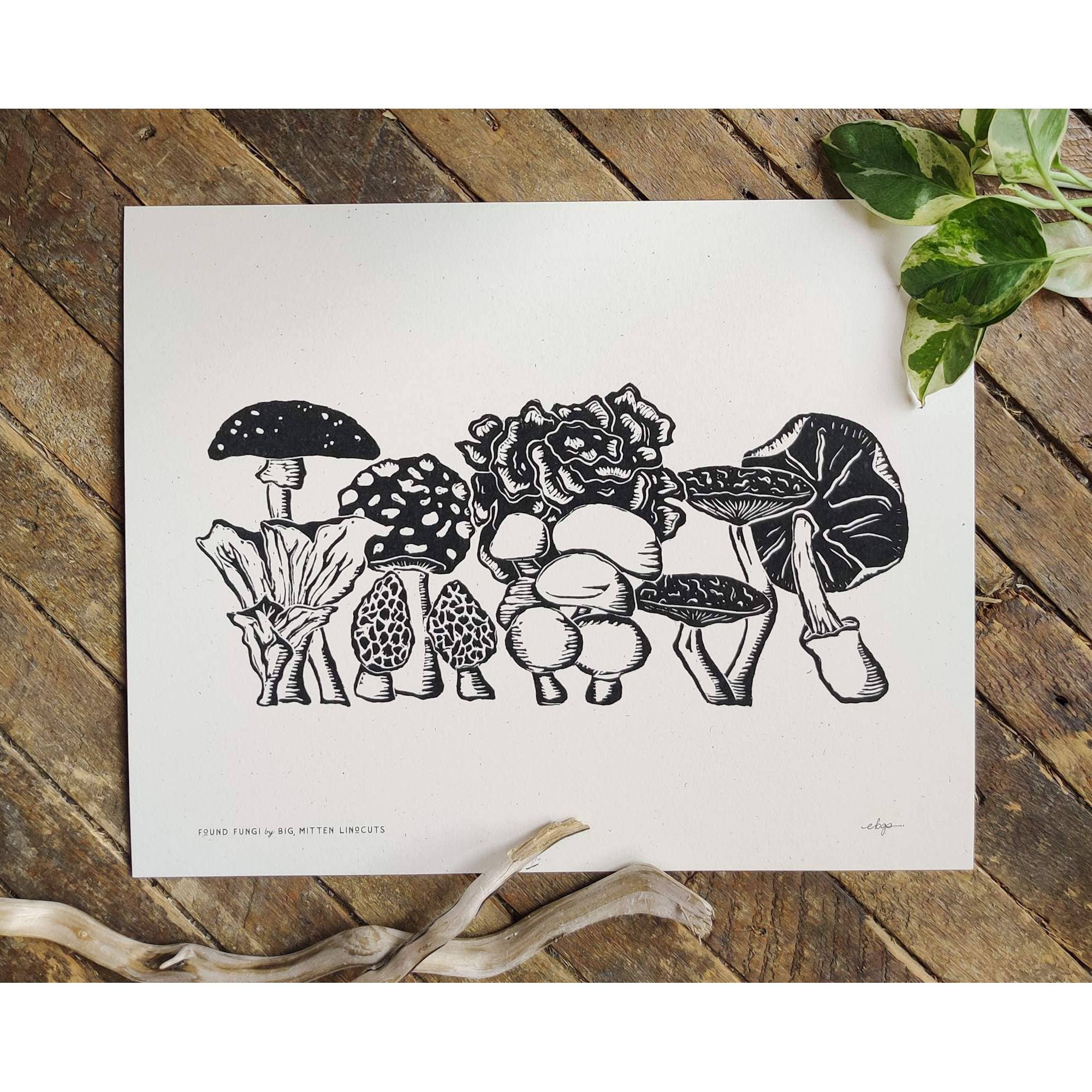 Found Fungi Linoprint by Big Mitten Linocuts